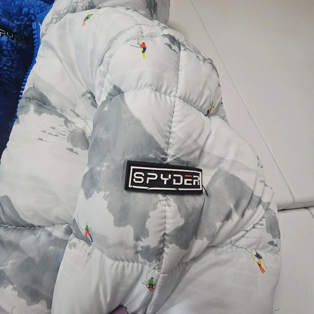 Spyder Puffer Bunting 24M White Blue Mountain Ski Scene Gorpcore Snowsuit